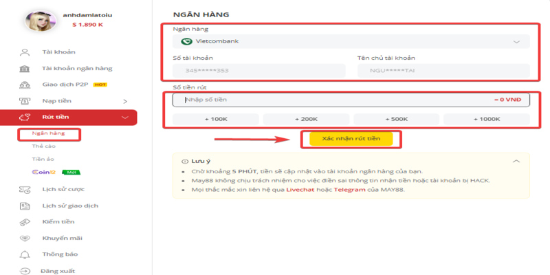 Các bước rút tiền K8cc đơn giản